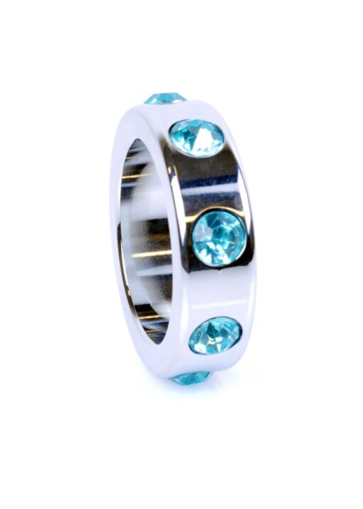 Pierścień-metal cock ring with light blue diamonds medium - obrazek 3