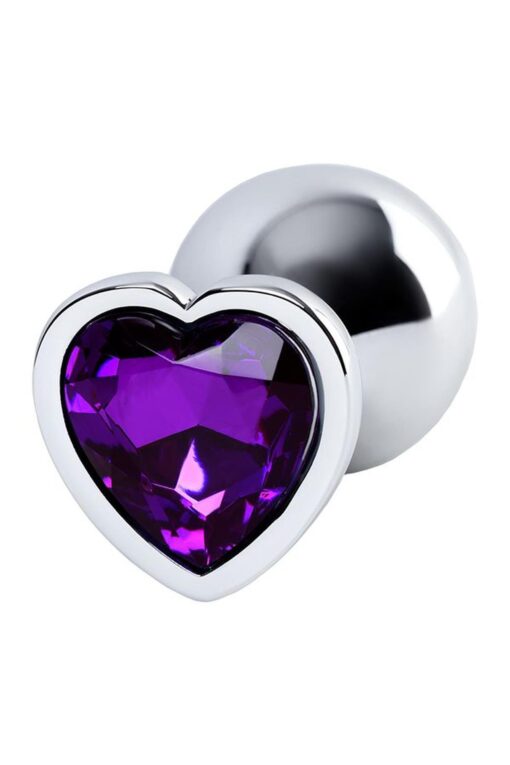 Silver anal plug with purple gem heart-shaped - obrazek 3