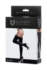 Glossy shiny wetlook stockings with a lace eliza - black l - obrazek 3