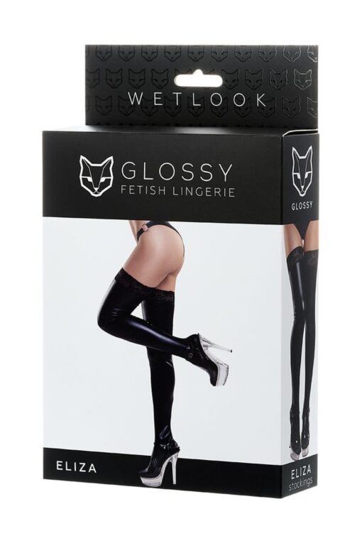 Glossy shiny wetlook stockings with a lace eliza - black m - obrazek 3