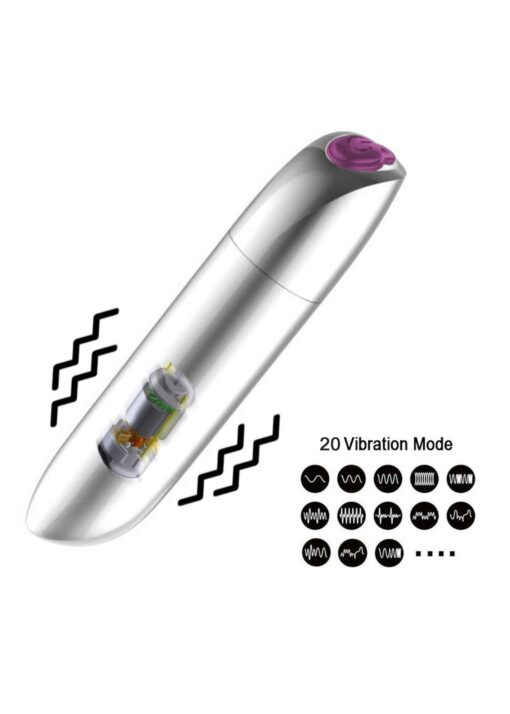 Stymulator – Ładowany pociskowy wibrator o dużej mocy, USB, 20 funkcji – srebrny - obrazek 3