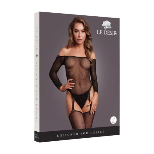Shimmering off the shoulder bodystocking - one size - black/gold glitter - obrazek 2