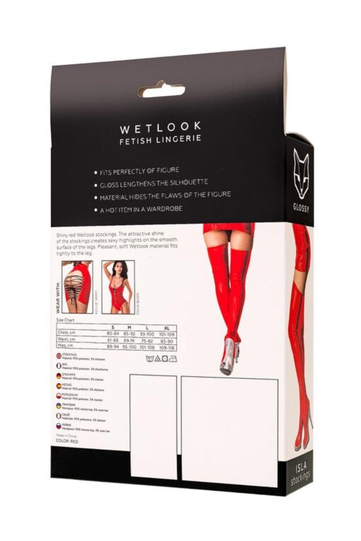 Wetlook Glossy Isla Stockings – red L – czerwone pończochy z połyskiem, materiał wetlook, rozmiar L - obrazek 5