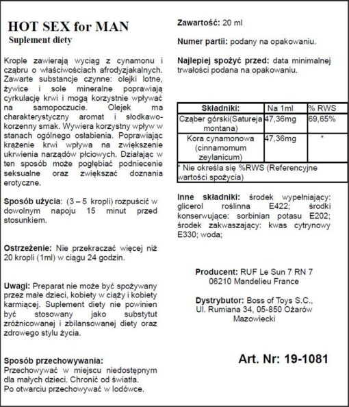 Suplement diety – Hot Sex for Man 20 ml – płyn zwiększający libido i energię - obrazek 3