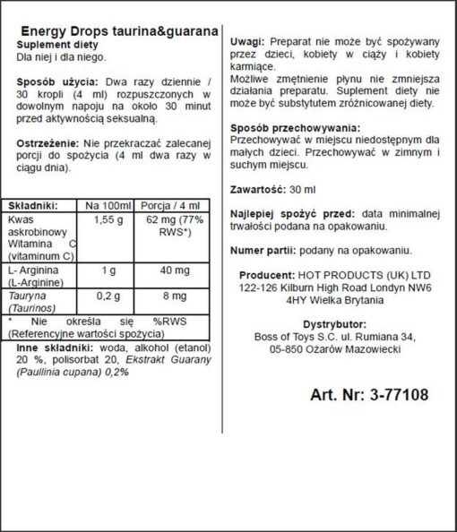 Energy Drops – suplement diety z tauryną i guaraną, 30 ml - obrazek 2