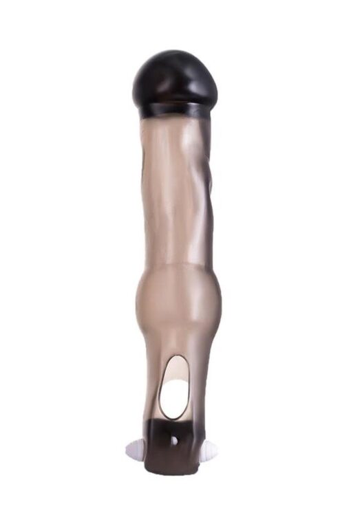 Toyfa Xlover – nakładka na penisa powiększająca z wibracjami, TPE, przezroczysta czarna, 19,4 cm - obrazek 2