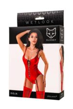 Wetlook Doja Bodysuit – red M – czerwone body z materiału wetlook, dopasowany krój, rozmiar M - obrazek 7