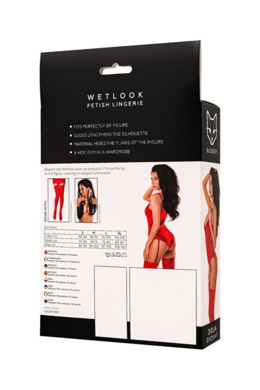 Wetlook Doja Bodysuit – red M – czerwone body z materiału wetlook, dopasowany krój, rozmiar M - obrazek 8