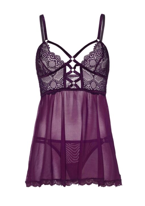 Koronkowa koszulka babydoll i stringi – fioletowe - obrazek 3