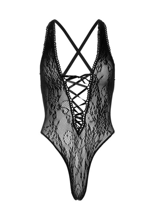 Koronkowe body typu thong teddy – czarne - obrazek 3