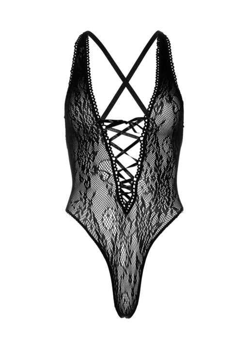 Koronkowe body typu thong teddy – czarne - obrazek 5