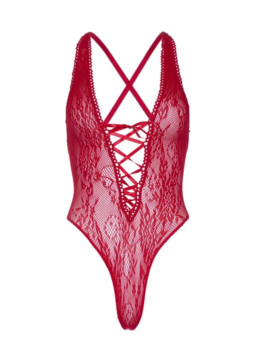 Koronkowe body typu thong teddy – czerwone - obrazek 3