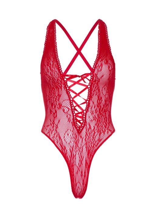 Koronkowe body typu thong teddy – czerwone - obrazek 5