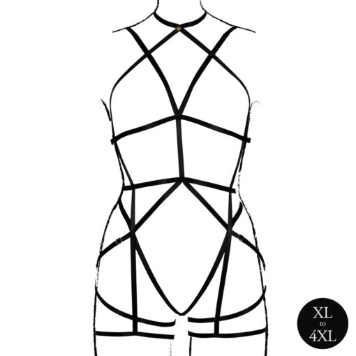 Strappy open cup body harness with garters - plus size - black - obrazek 4