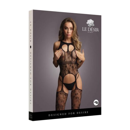 Lace suspender bodystocking with round neck - one size - obrazek 2