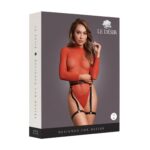 Shimmering open-back bodysuit with pu leather garters - one size - red/gold glitter - obrazek 2