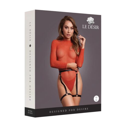 Shimmering open-back bodysuit with pu leather garters - one size - red/gold glitter - obrazek 2