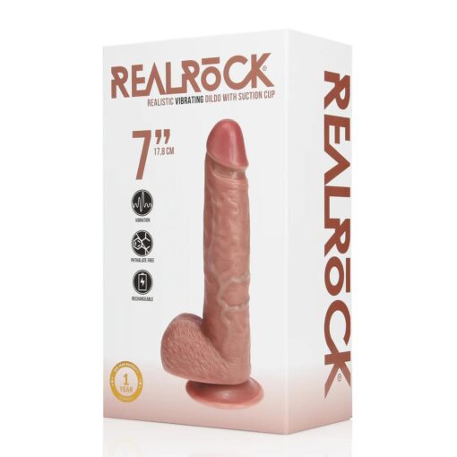 Vibrating regular straight cock with balls - 7" / 18 cm - tan - obrazek 2