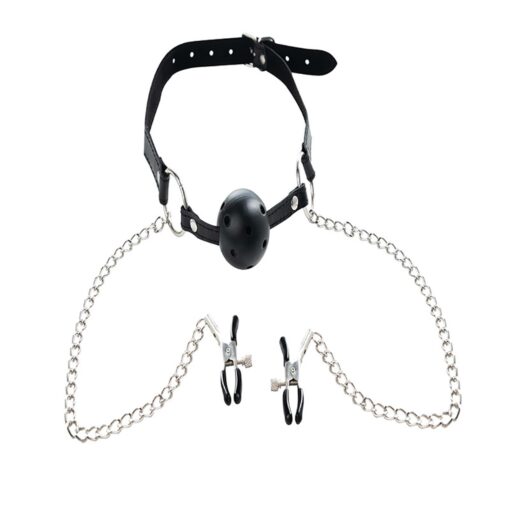Breathable ball gag with adjustable nipple
clamps. - obrazek 2