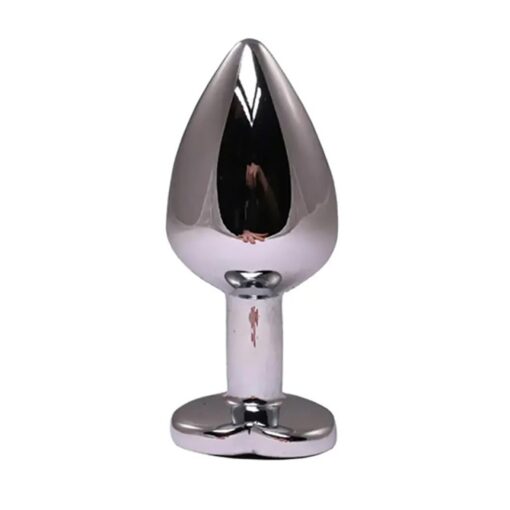 Silver medium heart-shaped butt plug with black crystal - obrazek 2