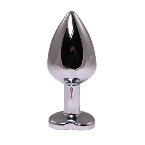 Silver medium heart-shaped butt plug with pink crystal - obrazek 2