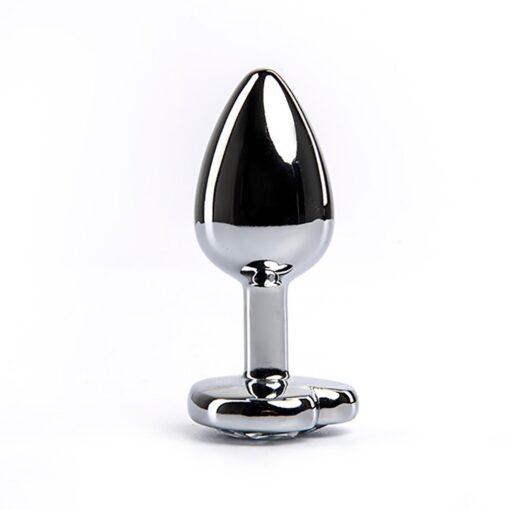Silver medium heart-shaped butt plug with white crystal - obrazek 2