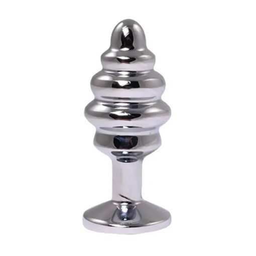 Silver small ribbed butt plug with pink crystal - obrazek 2
