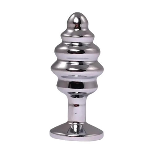 Silver small ribbed butt plug with red crystal - obrazek 2