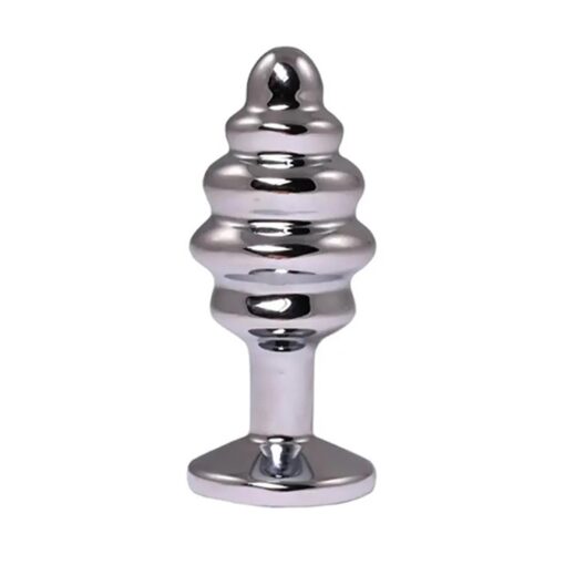 Silver small ribbed butt plug with white crystal - obrazek 2