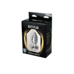 Silver small ribbed butt plug with white crystal - obrazek 3