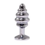 Silver medium ribbed butt plug with pink crystal - obrazek 2