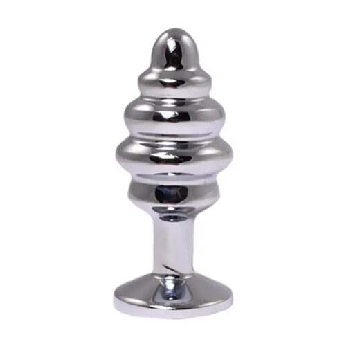 Silver medium ribbed butt plug with pink crystal - obrazek 2