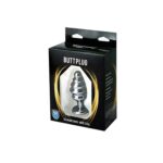 Silver medium ribbed butt plug with pink crystal - obrazek 3