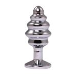 Silver medium ribbed butt plug with red crystal - obrazek 2