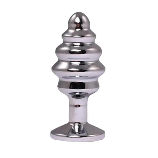 Silver medium ribbed butt plug with red crystal - obrazek 2