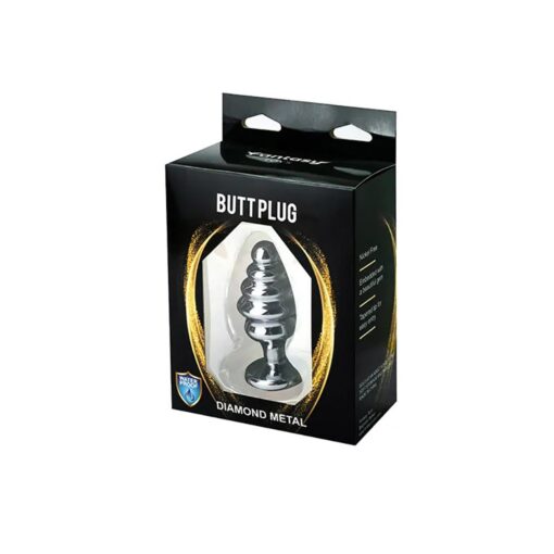Silver medium ribbed butt plug with red crystal - obrazek 3