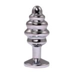 Silver medium ribbed butt plug with white crystal - obrazek 2