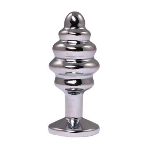 Silver medium ribbed butt plug with white crystal - obrazek 2