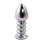 Silver large ribbed butt plug with black crystal - obrazek 2