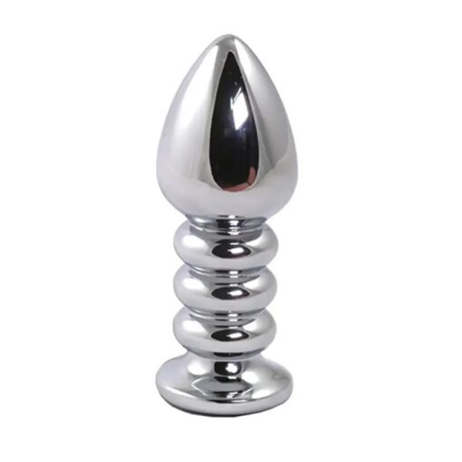 Silver large ribbed butt plug with black crystal - obrazek 2