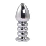 Silver large ribbed butt plug with pink crystal - obrazek 2