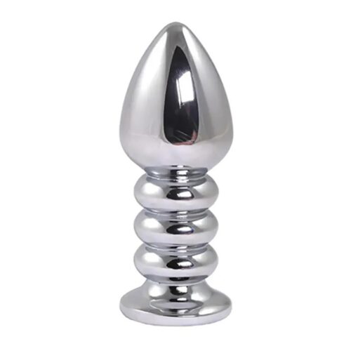 Silver large ribbed butt plug with pink crystal - obrazek 2
