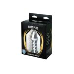 Silver large ribbed butt plug with pink crystal - obrazek 3