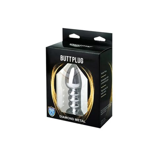 Silver large ribbed butt plug with pink crystal - obrazek 3